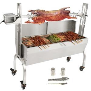 VEVOR speenvarkensgrill lamsgrill 117 cm, 60 kg RVS rotisserie 4-traps in hoogte verstelbaar, 50 W 2 in 1 BBQ rotisserie grill incl. kruidenpot & reinigingsborstel & handvat elektrische grill met baffle