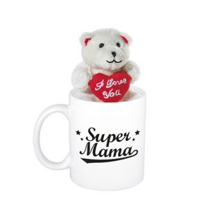 Moederdag cadeau Super mama beker / mok 300 ml met beige knuffelbeertje met love hartje