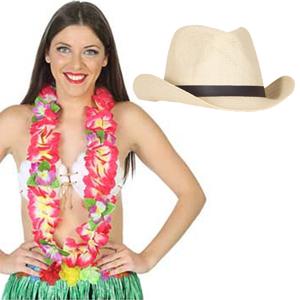 Carnaval verkleedset - Tropical Hawaii party - stro cowboy hoed - en volle bloemenslinger roze