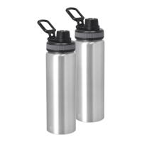 Waterfles/drinkfles sport bidon Fitmaster - 2x - zilver - 800 ml - aluminium - schroefdop