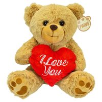 Valentijn I Love You knuffel beertje - zachte pluche - rood hartje - cadeau - 20 cm - lichtbruin   - - thumbnail