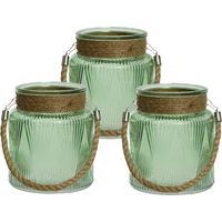 3x stuks windlichten/lantaarns relief - glas - D14 x H16 cm - groen