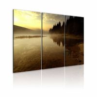 Schilderij - Mistig meer in de Avond, 3luik , wanddecoratie , premium print op canvas