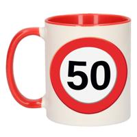 50 jaar verkeersbord Koffiemok - Beker - rood/wit - 300 ml - Cadeau - Abraham - Sara - Verjaardag