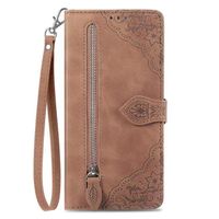 OPPO A96 Book Case Hoesje met Camera Bescherming - Kunstleer - Pasjeshouder - Koord - Bloemen Patroon - OPPO A96 - Bruin