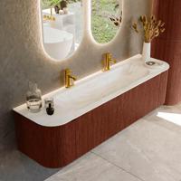 Badmeubel Mondiaz Kurve-Dlux | 170 cm cm | Meubelkleur Ruby | Wastafelkleur Ostra | Solid surface | Wasbak midden spoelbak | 2 kraangaten