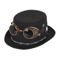 Steampunk hoed - met bril en ketting - zwart - polyester - voor volwassenen - thumbnail