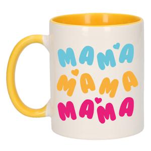 Bellatio Decorations Cadeau koffie/thee mok voor mama - geel - hartjes/liefde - Moederdag   -