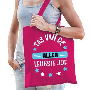 Bellatio Decorations cadeau tas juf - fuchsia roze/blauw - 42 x 38 cm - Tas van de aller leukste juf - Feest Boodschappe