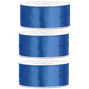 3x Helderblauwe satijnlinten op rol 2,5 cm x 25 meter cadeaulint verpakkingsmateriaal - Cadeaulinten