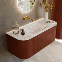 Badmeubel Mondiaz Kurve-Dlux | 110 cm cm | Meubelkleur Ruby | Wastafelkleur Glace | Solid surface | Wasbak midden spoelbak | Zonder kraangat(en)