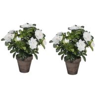 2x Groene Azalea kunstplanten met witte bloemen 27 cm met pot stan grey   -