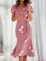Crew Neck Elegant Cotton-Blend Floral Dress - thumbnail