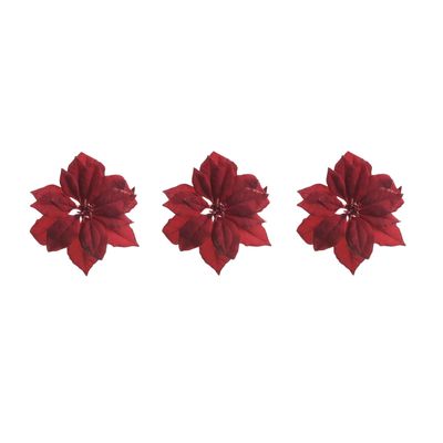 3x stuks decoratie bloemen kerstster rood glitter op clip 24 cm