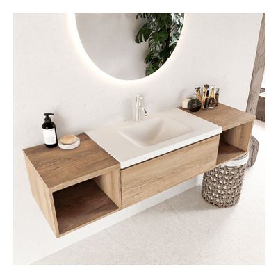 Mondiaz Bukla 160cm badmeubel met open module 40 L+R kleur washed oak 2 lades wastafel midden 1 kraangat kleur talc