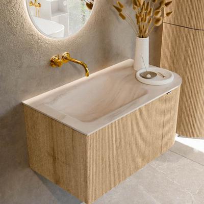 Badmeubel Mondiaz Kurve-Dlux | 85 cm | Meubelkleur Oak | Wastafelkleur Meli | Solid surface | Wasbak linker zijde spoelbak | Zonder kraangat(en)