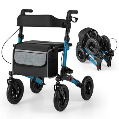 2-in-1 Rolstoel & Reisrollator Loophulp Rollator met Luchtbanden en Zitting 7-Voudig in Hoogte Verstelbaar Opvouwbaar en Licht