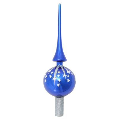 Luxe blauwe glazen piek met zilveren glitter sterren 28 cm