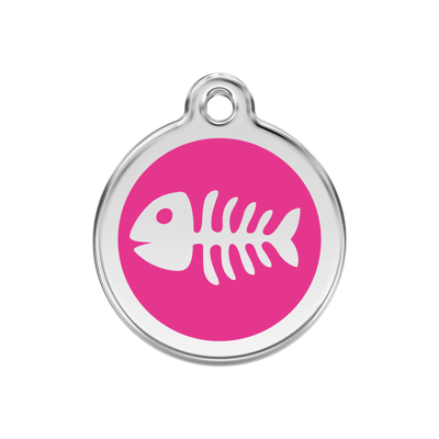 Fish Skeletton Hot Pink roestvrijstalen hondenpenning medium/gemiddeld dia. 3 cm - Reddingo