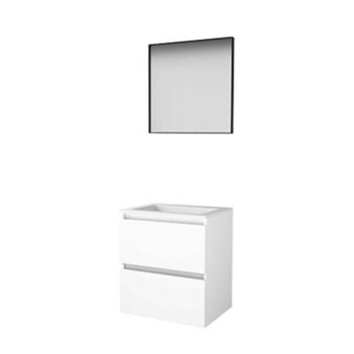Basic-Line Framed 46 Badkamermeubelset - 60 x 46 cm - Greeploos - 2 Lades - Acryl Wastafel - Zonder Kraangat - Spiegel met Zwart Aluminium Frame - Ice White