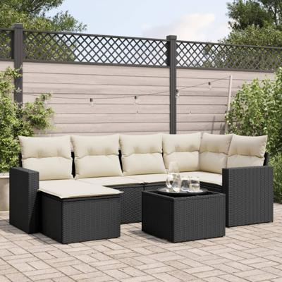 7-delige Loungeset met kussens poly rattan zwart