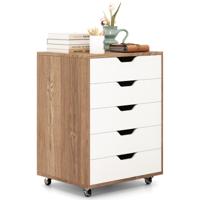5-Ladenkast Verrijdbare Verticale Archiefkast op Wielen met 5 Laden Gebogen Handgreep en 2 Wielen met Rem 49 x 40 x 65 cm Natuur