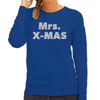 Kersttrui Mrs. x-mas zilveren glitter letters blauw dames - thumbnail