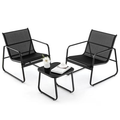 3 Stuks Tuinmeubilair Ademende Stof en Metalen Frame 150KG Belasting Terrasmeubelset met Tafel van Gehard Glas voor Achtertuin Zwembad
