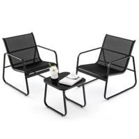 3 Stuks Tuinmeubilair Ademende Stof en Metalen Frame 150KG Belasting Terrasmeubelset met Tafel van Gehard Glas voor Achtertuin Zwembad