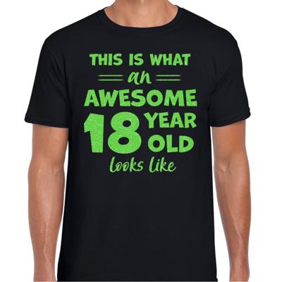 Cadeau T-shirt voor heren - leeftijd 18 jaar - awesome - zwart - glitter groen - Verjaardagsfeest
