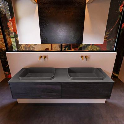 Badkamermeubelset Mondiaz Erin 150 cm met 2 Lades met RIDGE Wastafel Dubbel Dark grey Zonder Kraangaten Greeploos Mat Dark Brown