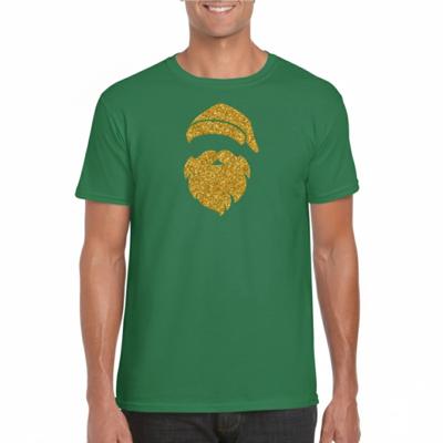 Kerst T-shirt voor heren - Kerstman hoofd - groen - glitter goud - Kerstkleding