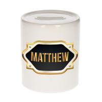 Spaarpot met voornaam Matthew - wit - goud/zwart embleem - 8 x 9 cm - keramiek - afsluitdop