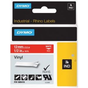 Dymo Rhino Band IND. Vinyl 12 mm x 5.5 m wit op rood