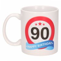 Cadeau 90 jaar mok / beker verkeersbord thema   -