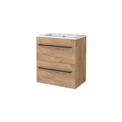 Badmeubelset BWS Salt 60x39cm Met Grepen 2 Lades Met Wastafel 1 Kraangat Whisky Oak
