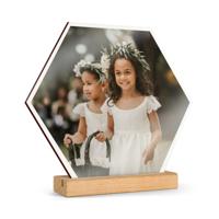 Houten fototegel met houder bedrukken - Hexagon