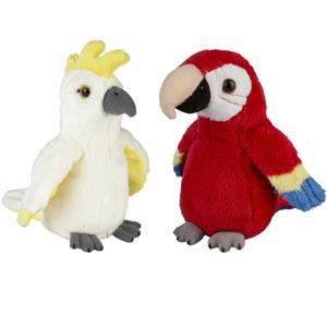 Tropische vogels pluche knuffels 2x stuks - Kaketoe en Papegaai van 15 cm