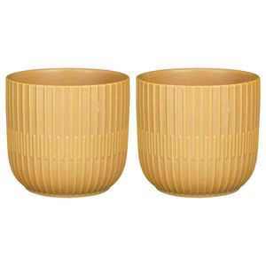 2x Stuks Plantenpot/bloempot keramiek mat okergeel stripes patroon - D12.5/H11 cm