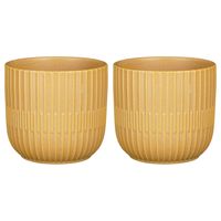 2x Stuks Plantenpot/bloempot keramiek mat okergeel stripes patroon - D12.5/H11 cm