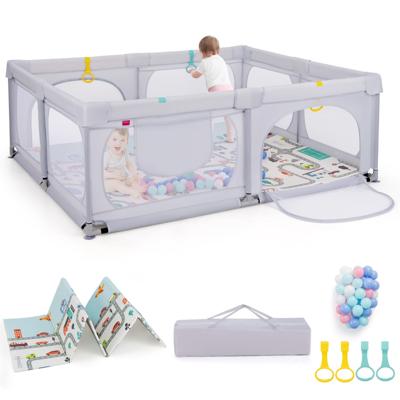 Babybox 189 x 158 cm Box met 50 Speelballen 4 Trekringen en 4 Ritsdeur Kruipruimte met Ademend Net voor Peuters (met Matras Lichtgrijs)