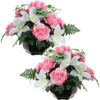 Kunstbloemen plantje orchidee/rozen in pot - 2x - kleuren roze/wit - 25 cm - Bloemstuk - bladgroen