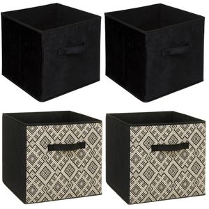 Set van 4x stuks opbergmanden/kastmanden 29 liter zwart/creme polyester 31 x 31 x 31 cm