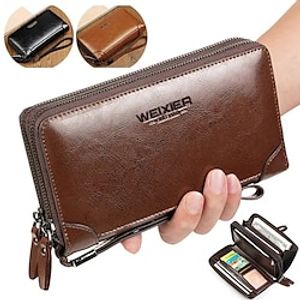 Echt koe gepolijst lederen clutch handtas zakelijke heren lange portemonnee dubbele ritsen portemonnee billfold mobiele telefoon tas met afneembaar schoudertasje Lightinthebox