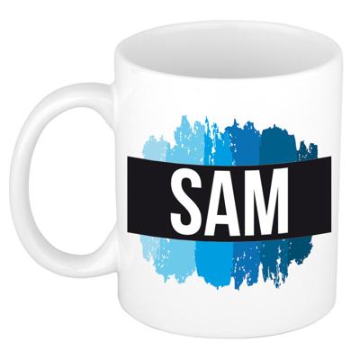 Sam naam cadeau koffie mok - beker - met blauw verfstrepen - Cadeau collega - vaderdag