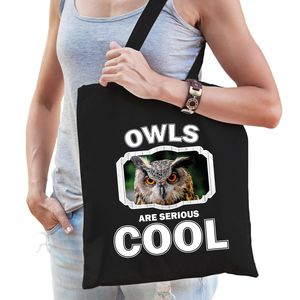 Katoenen tasje owls are serious cool zwart - uilen/ uil cadeau tas   -