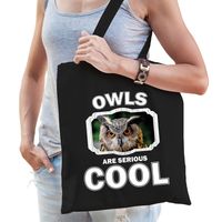 Katoenen tasje owls are serious cool zwart - uilen/ uil cadeau tas   - - thumbnail
