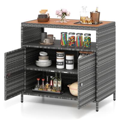 Rieten Tuinkast met Acaciahouten Werkblad & Open Vak Buffetkast Grijs