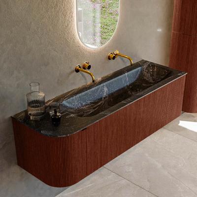 Badmeubel Mondiaz Kurve-Dlux | 145 cm cm | Meubelkleur Ruby | Wastafelkleur Lava | Solid surface | Wasbak rechter zijde spoelbak | Zonder kraangat(en)