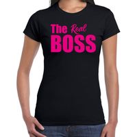 The real boss t-shirt zwart met roze letters voor dames - thumbnail